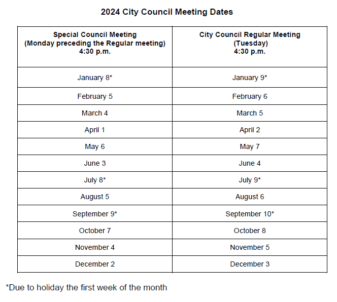 2024 City Council Meeting Dates