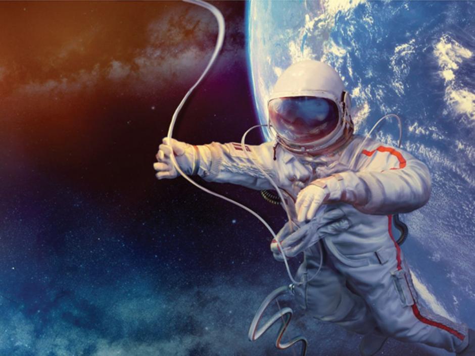 Realistic digital art of an astronaut floating in space, with the Earth behind them.