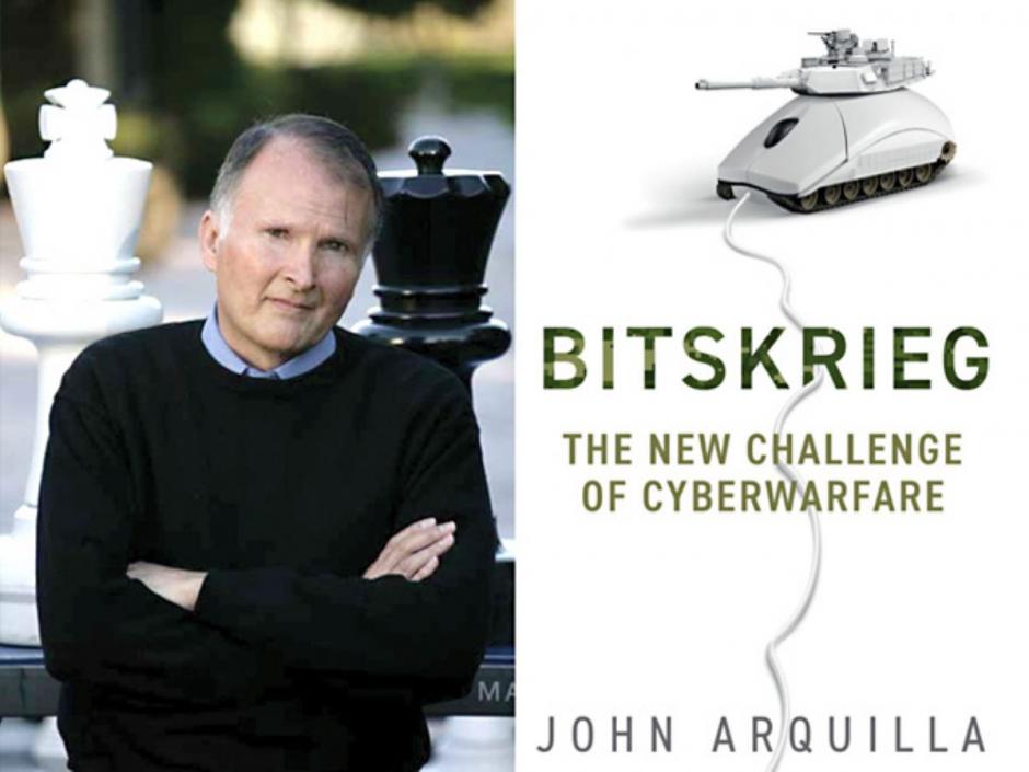 Photo of author John Arquilla and the book cover of "Bitskrieg."