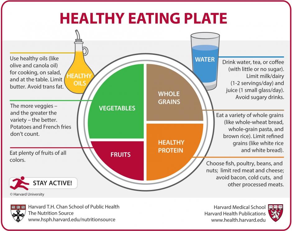 Infographic describing the proportions of vegetables, fruits, whole grains and protein necessary for a healthy diet.