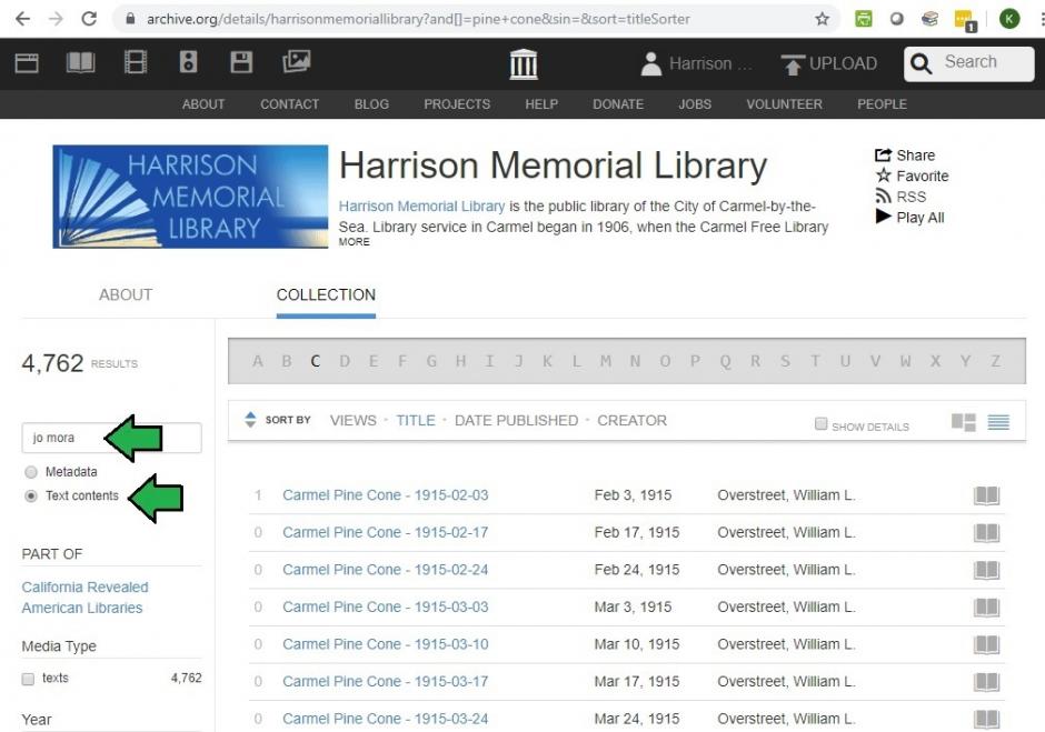 Carmel Pine Cone collection on Internet Archive, with arrows pointing to search box and "text contents" option.
