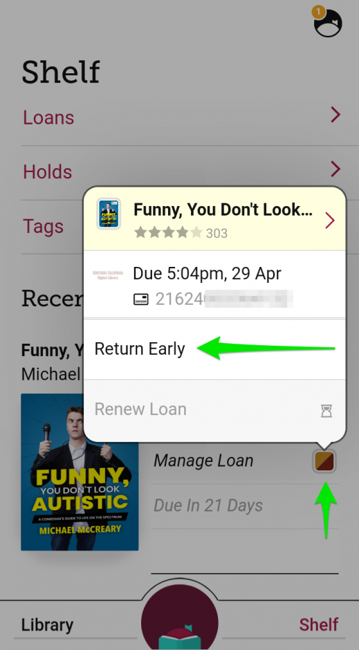 Screenshot of the Libby app showing a book on loan, with arrows pointing to the "Manage Loan" and "Return Early" options.