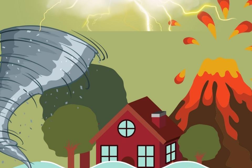 Illustration of tornado, flood, volcano, lightning
